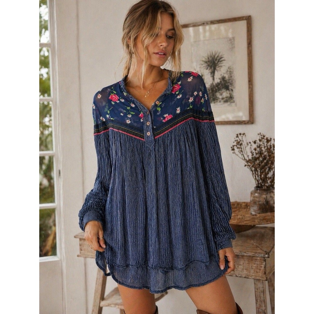 Free People Boho Tunic Top Blue Stripe Floral Sheer Yoke Long Sleeve Size S